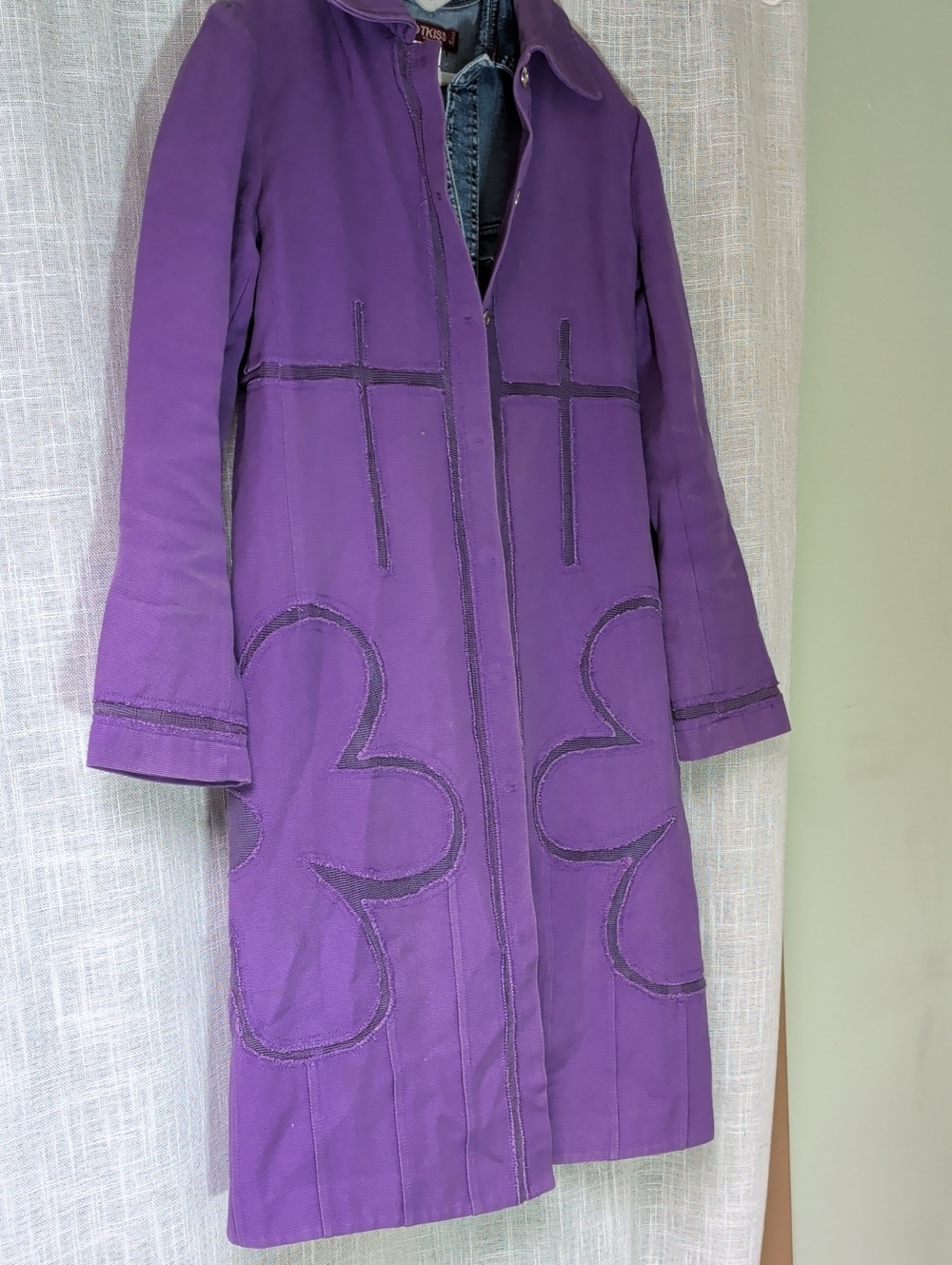 Purple Women's Long Coat - Tailored Floral Appliqué